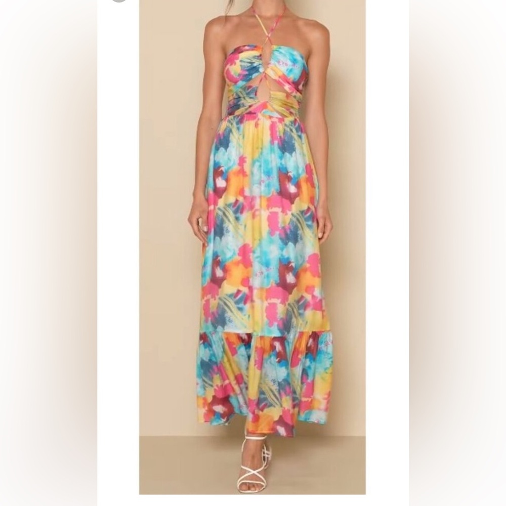 Lulus Stunning One Multi Abstract Print Drawstring Halter Maxi Dress Small NWOT